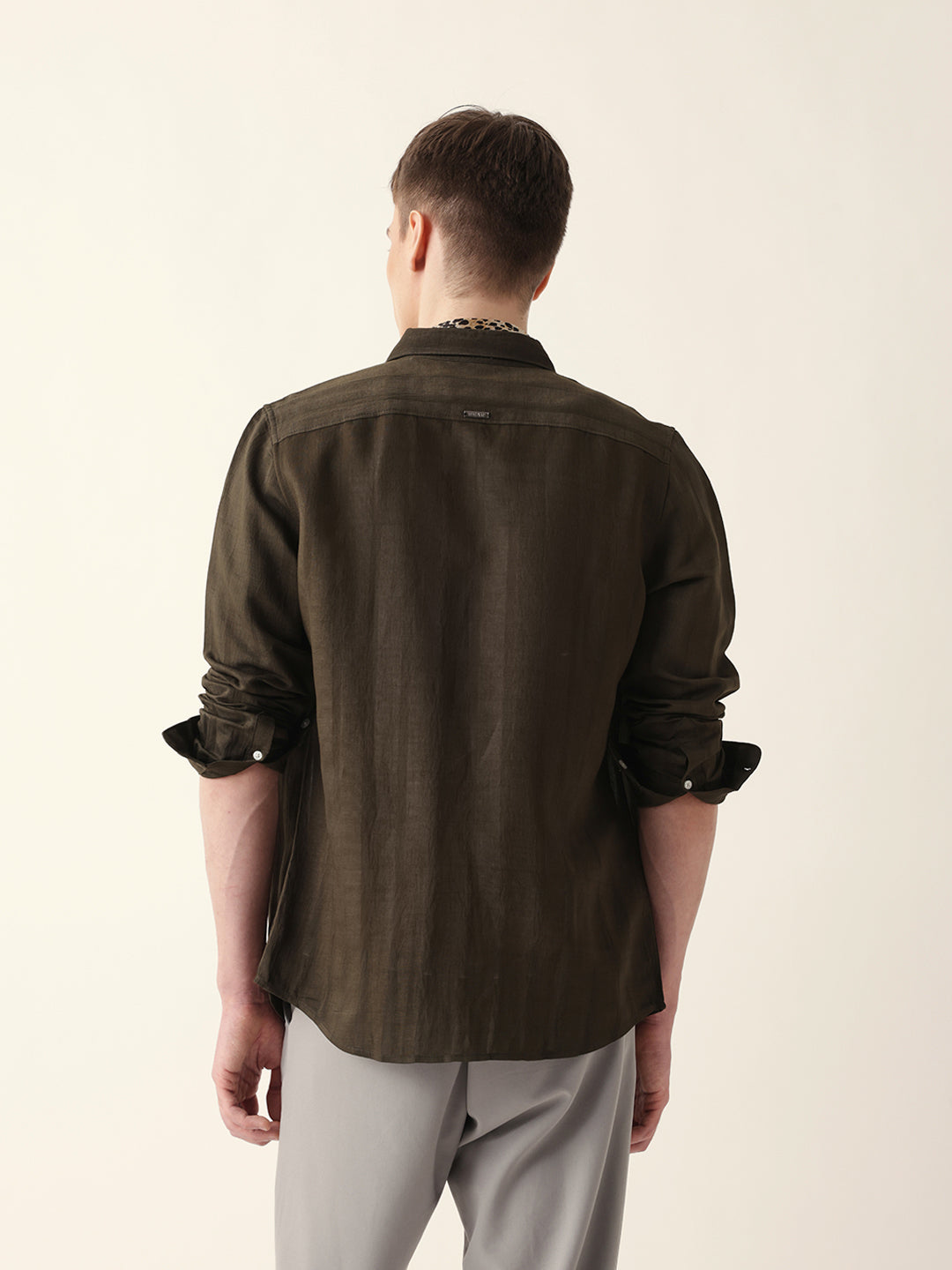 Olive Slim Fit Casual Shirt with Woven Semi-Transparent Vertical Stripes