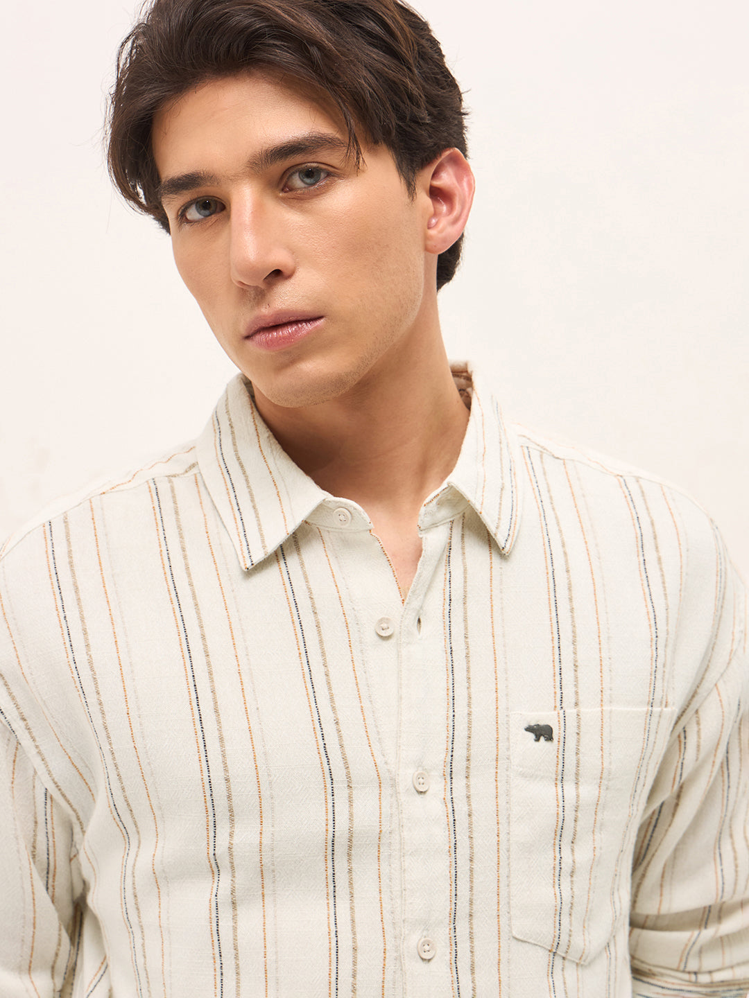 Cream Woven Vertical Stripes Relax Fit Casual Shirt
