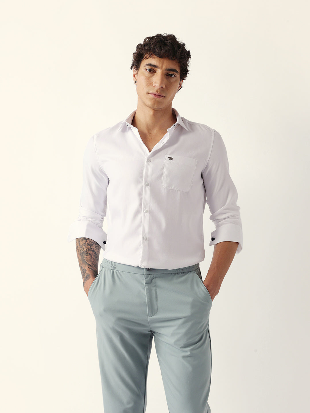 White Herringbone Woven Tailored Fit Formal Shirt with French Cuffs
