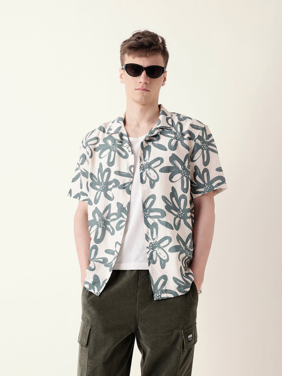 Teal Floral Motif Print Relaxed Fit Half-Sleeve Casual Shirt