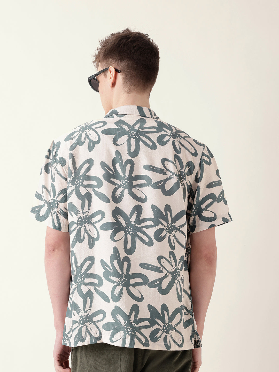 Teal Floral Motif Print Relaxed Fit Half-Sleeve Casual Shirt