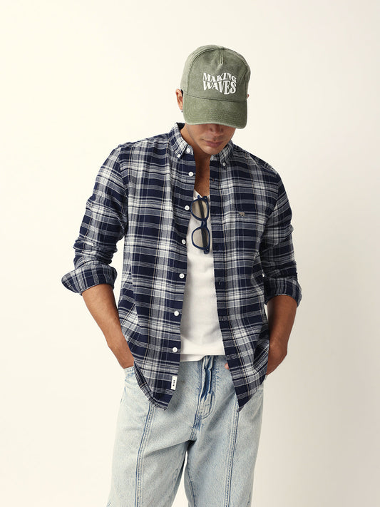 Navy Blue Woven Tartan Checked Slim Fit Casual Shirt