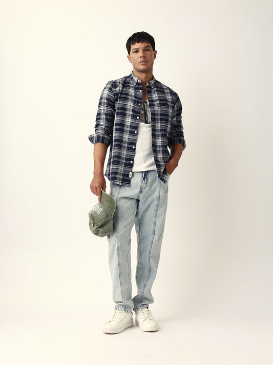 Navy Blue Woven Tartan Checked Slim Fit Casual Shirt