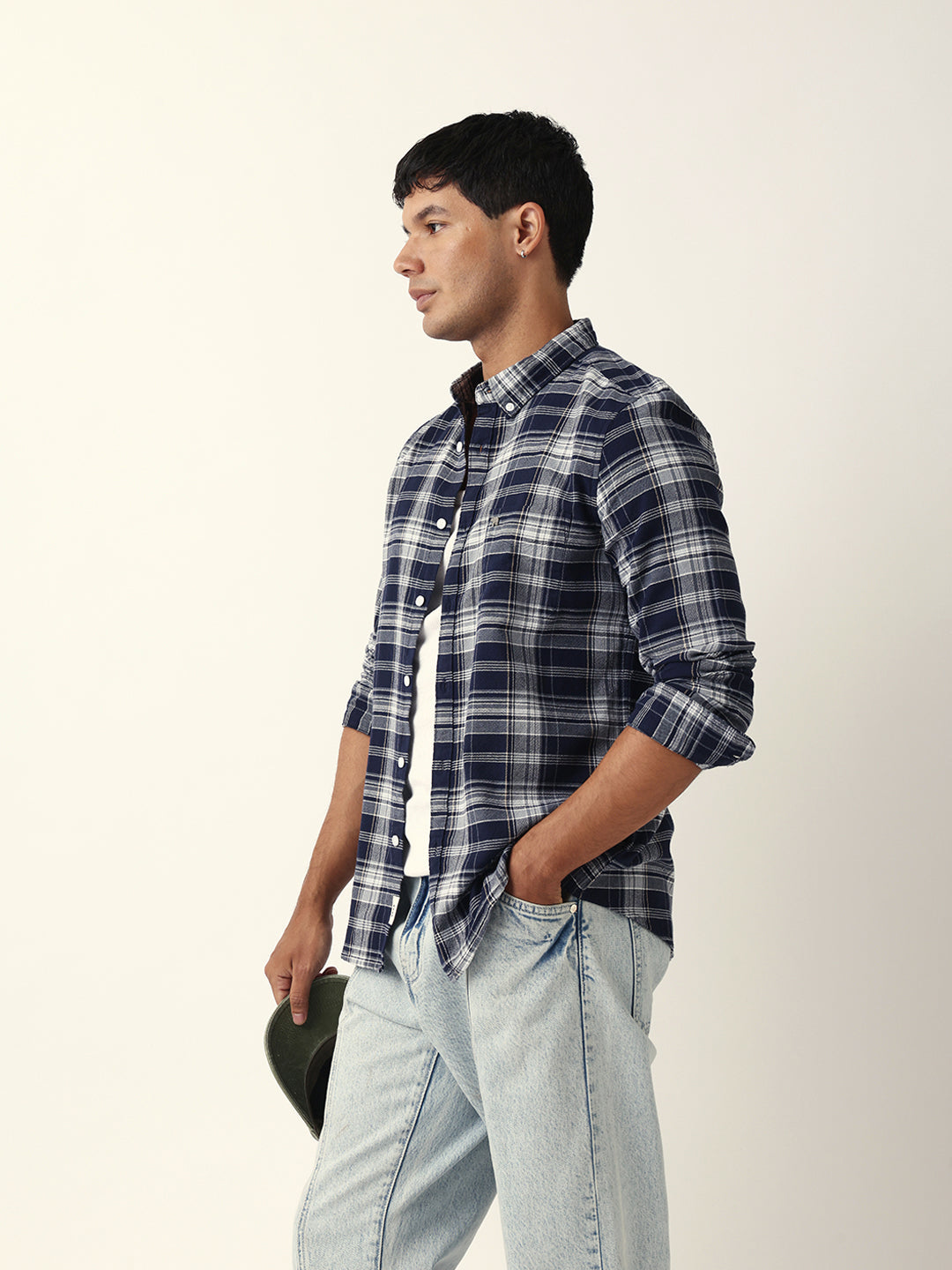 Navy Blue Woven Tartan Checked Slim Fit Casual Shirt
