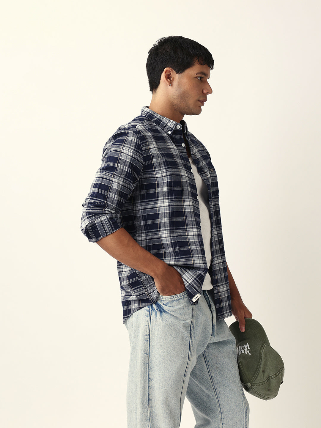 Navy Blue Woven Tartan Checked Slim Fit Casual Shirt
