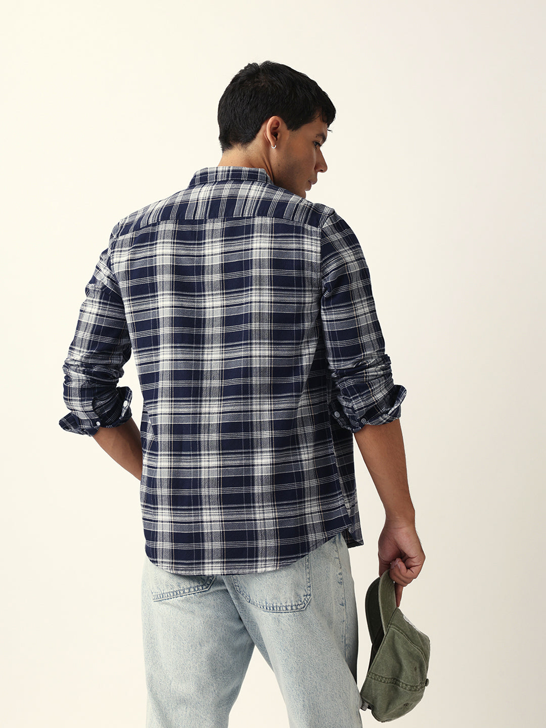 Navy Blue Woven Tartan Checked Slim Fit Casual Shirt