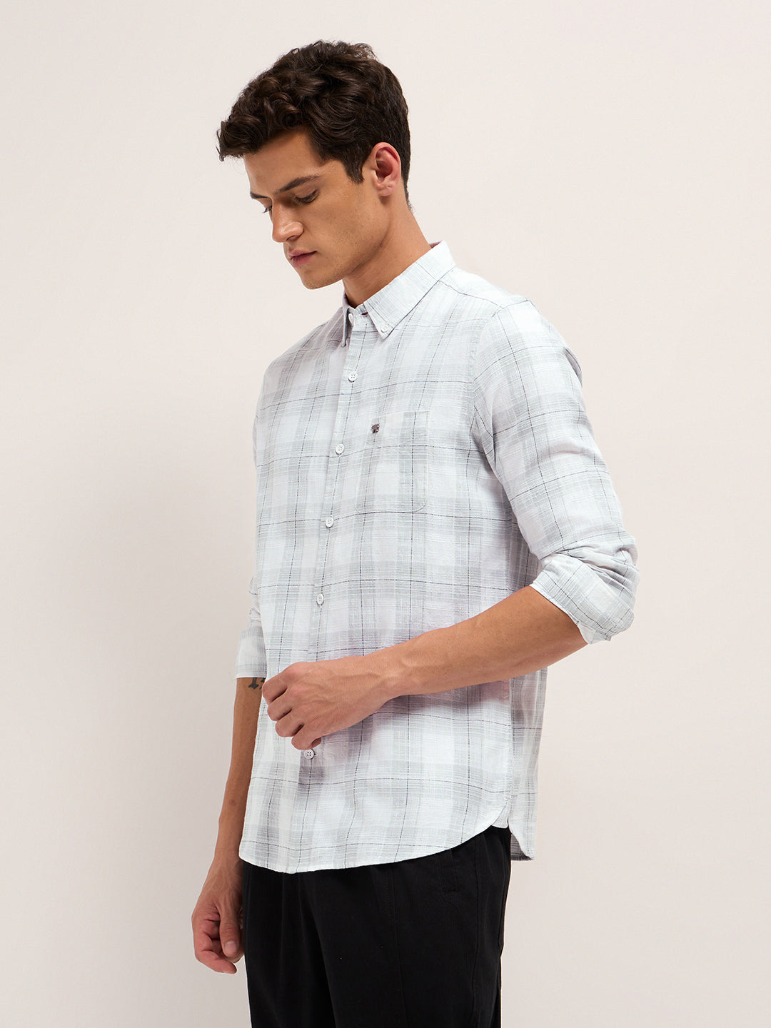 White & Grey Woven Check Slim Fit Casual Shirt