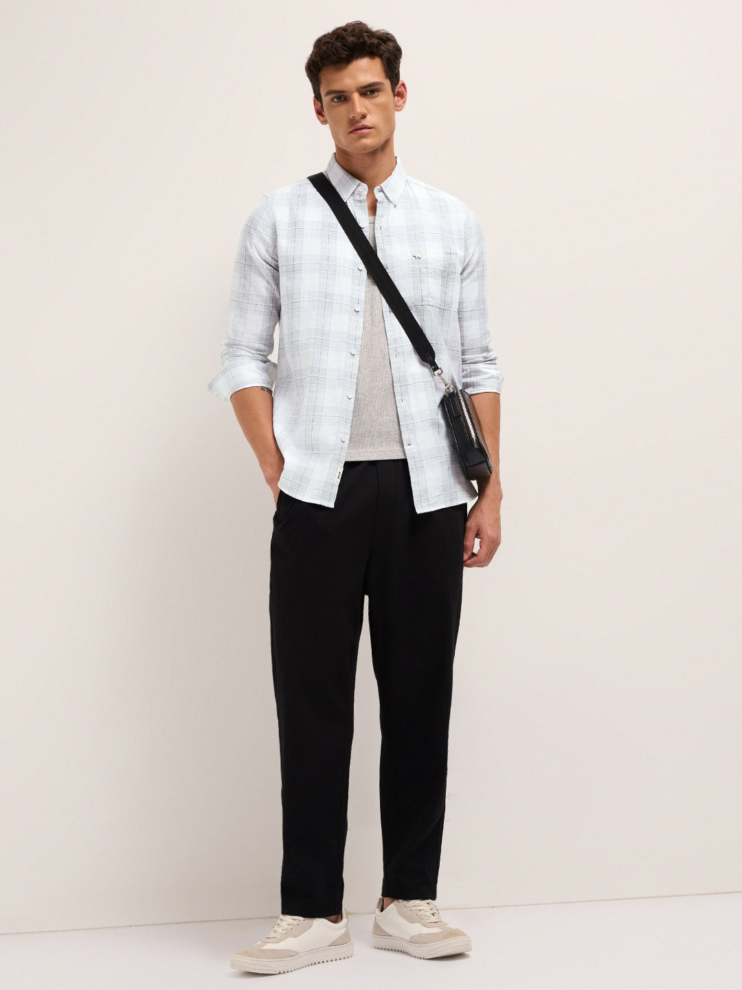 White & Grey Woven Check Slim Fit Casual Shirt