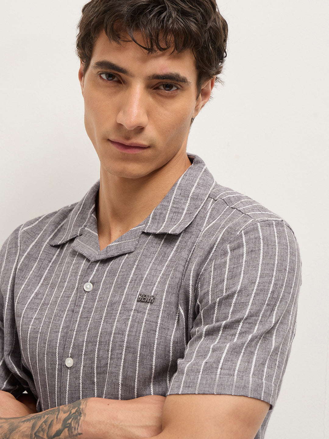 Brown Linen Vertical Textured Stripe Relaxed Fit Half Sleeve Casual Shirt