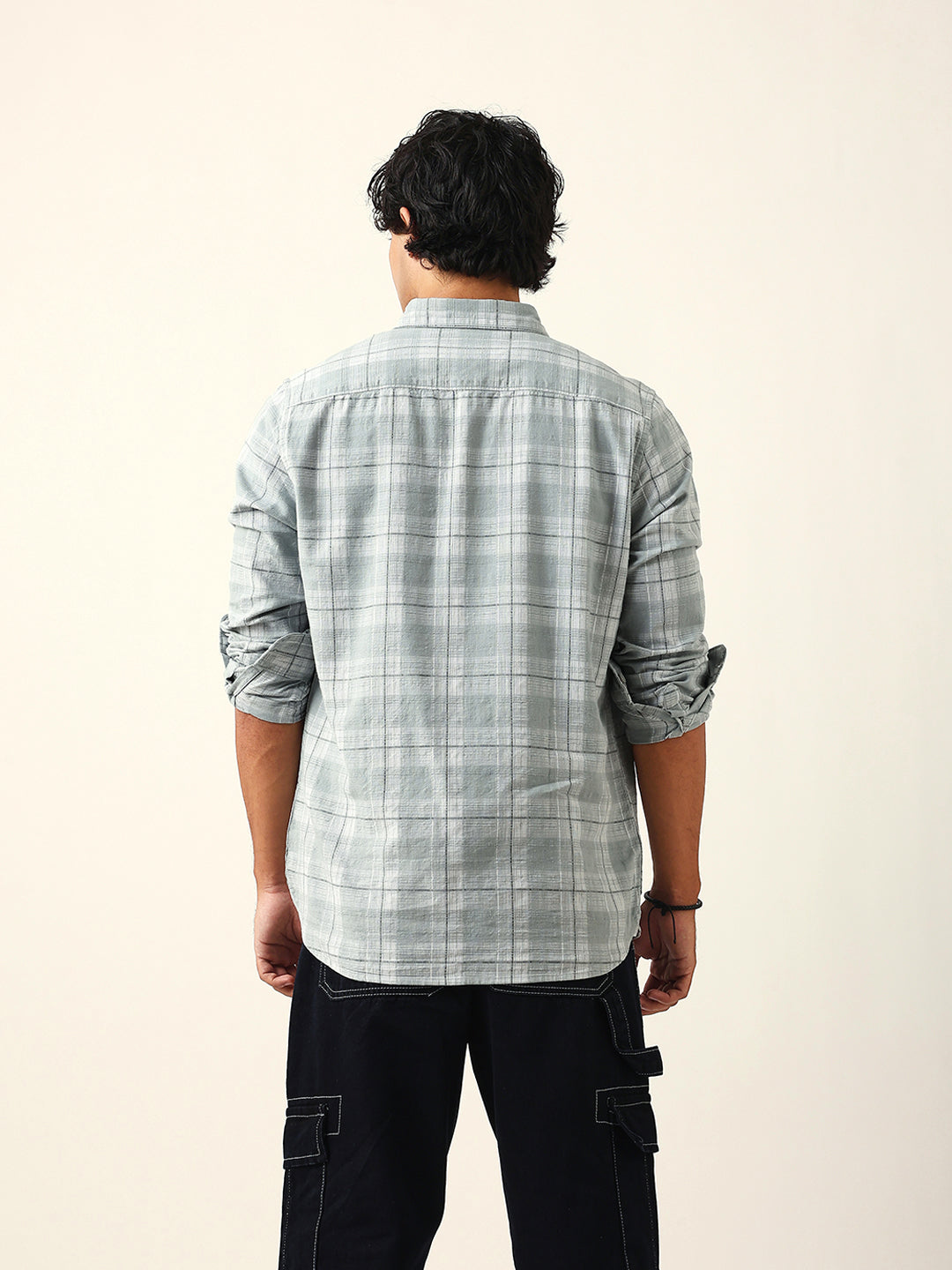 Light Green & White Woven Checked Slim Fit Casual Shirt