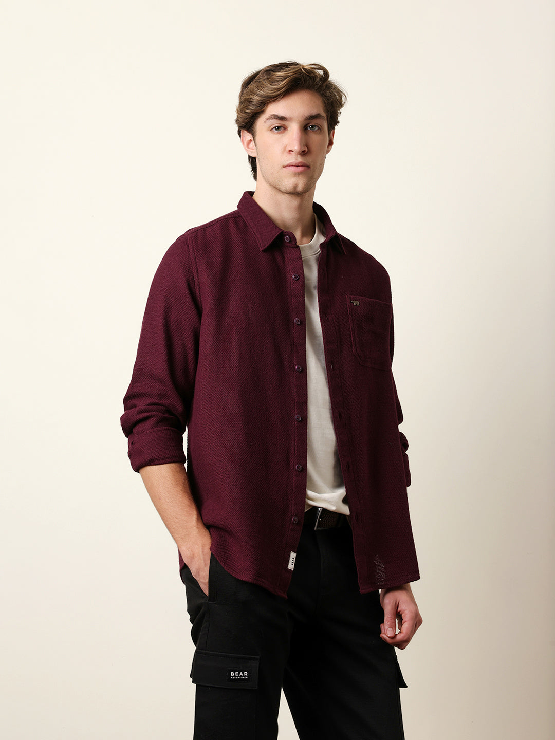 Maroon Woven Textured Regular Fit Casual Shirt