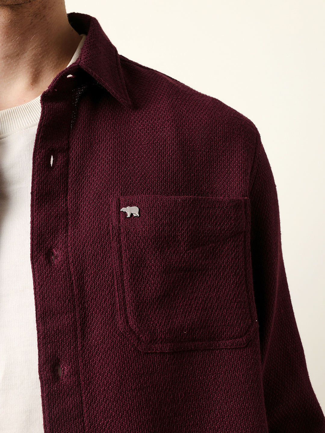 Maroon Woven Textured Regular Fit Casual Shirt