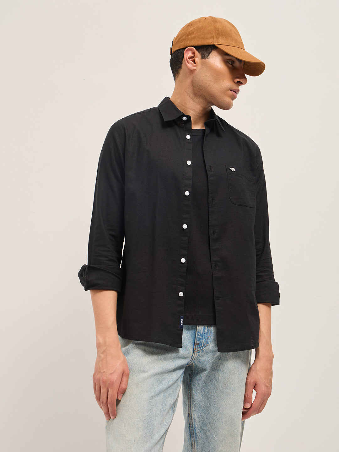 Black Cotton Linen Slim Fit Solid Casual Shirt