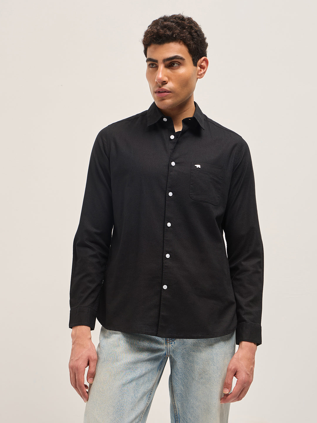 Black Cotton Linen Slim Fit Solid Casual Shirt