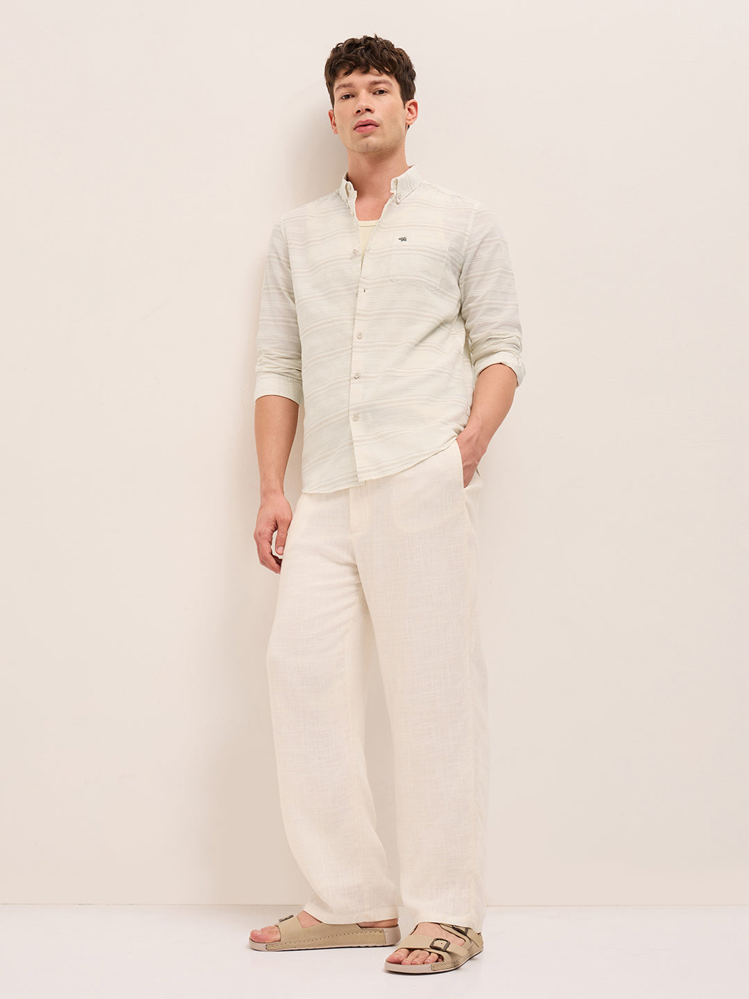 Beige Slim Fit Casual Shirt with Woven Horizontal Textured Stripes