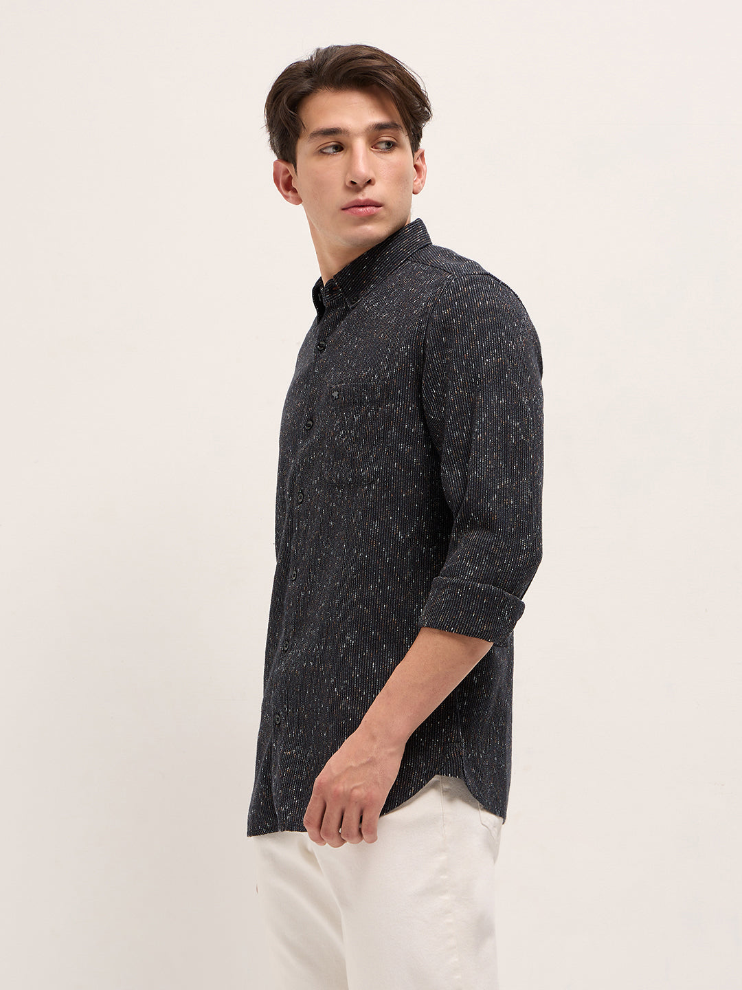Black Woven Design Cotton Blend Slim Fit Casual Shirt