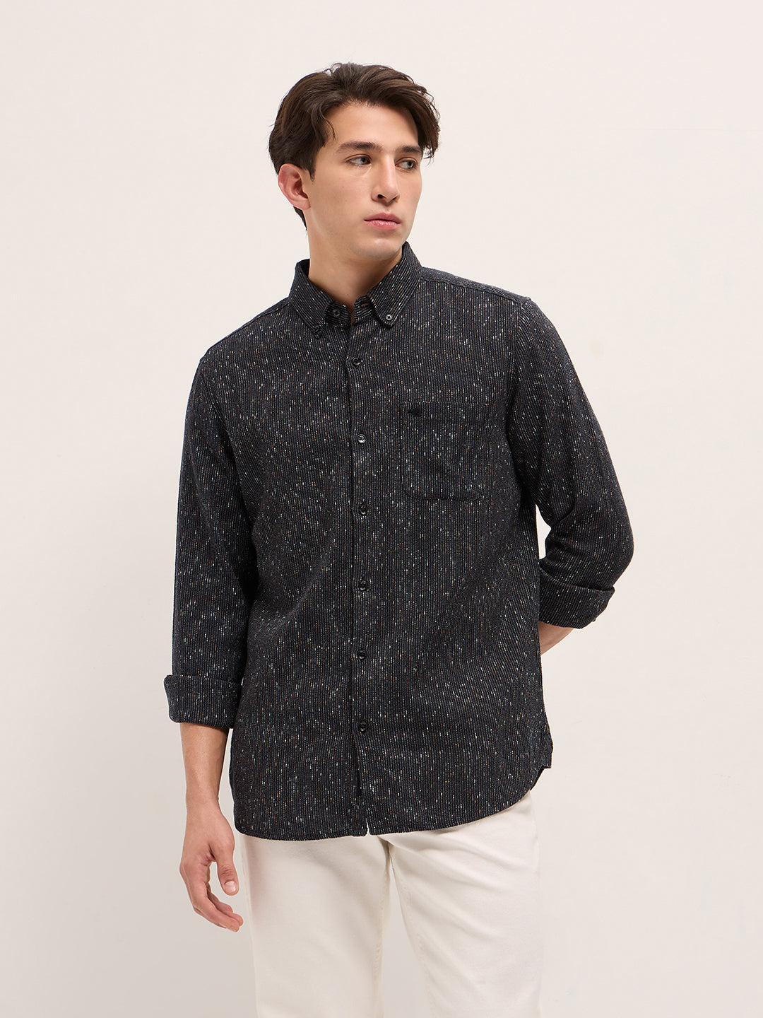 Black Woven Design Cotton Blend Slim Fit Casual Shirt