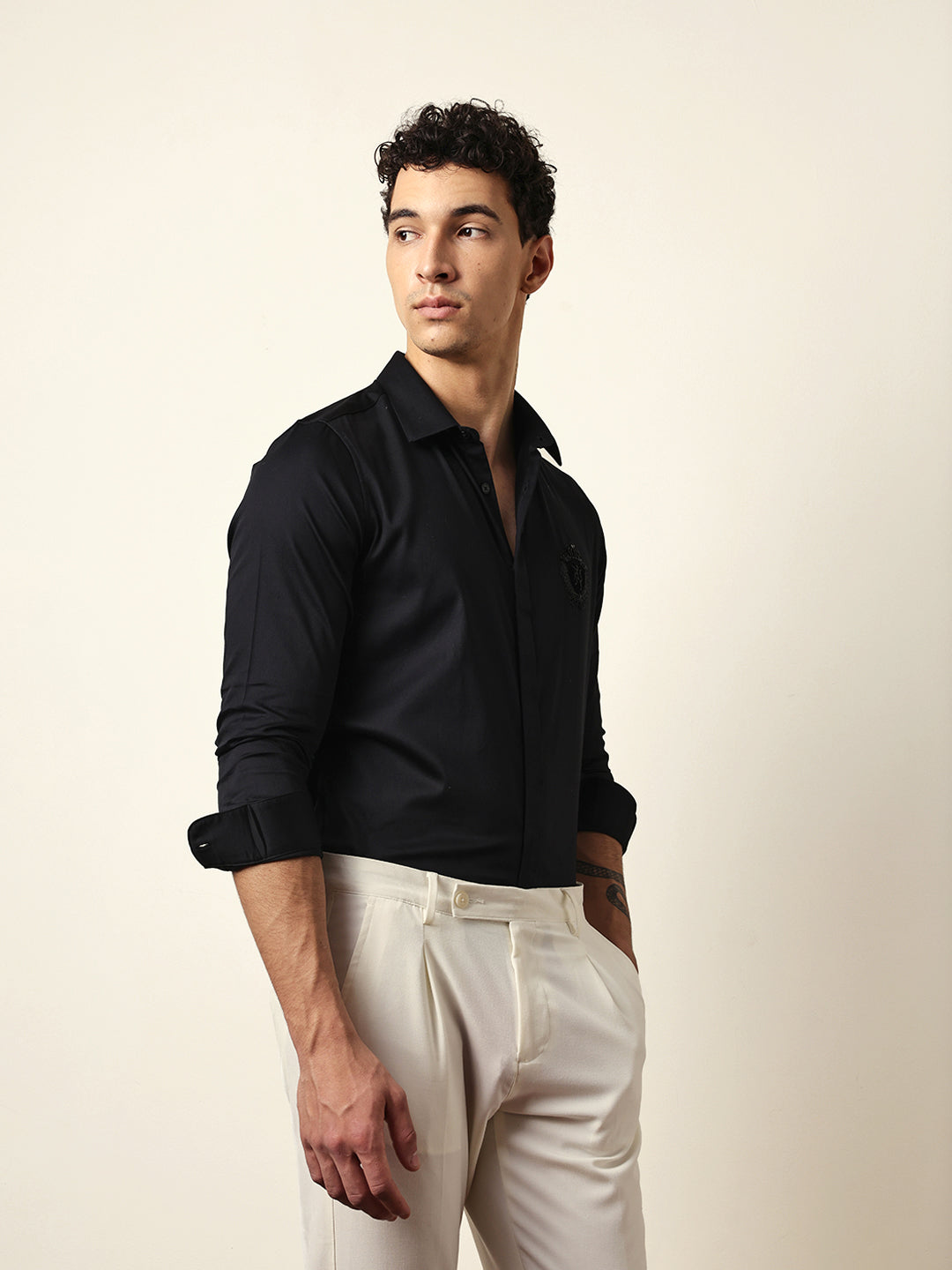 Black Tailored Fit Formal Party Shirt with Elegant Crest Embroidery