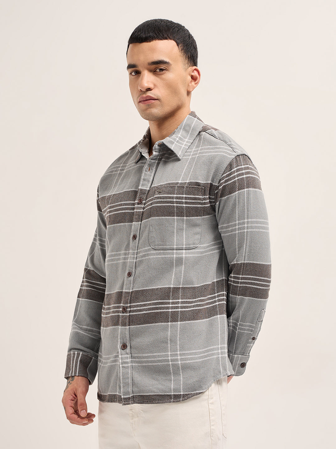 Grey Woven Checkered Relaxed Fit Casual Shirt