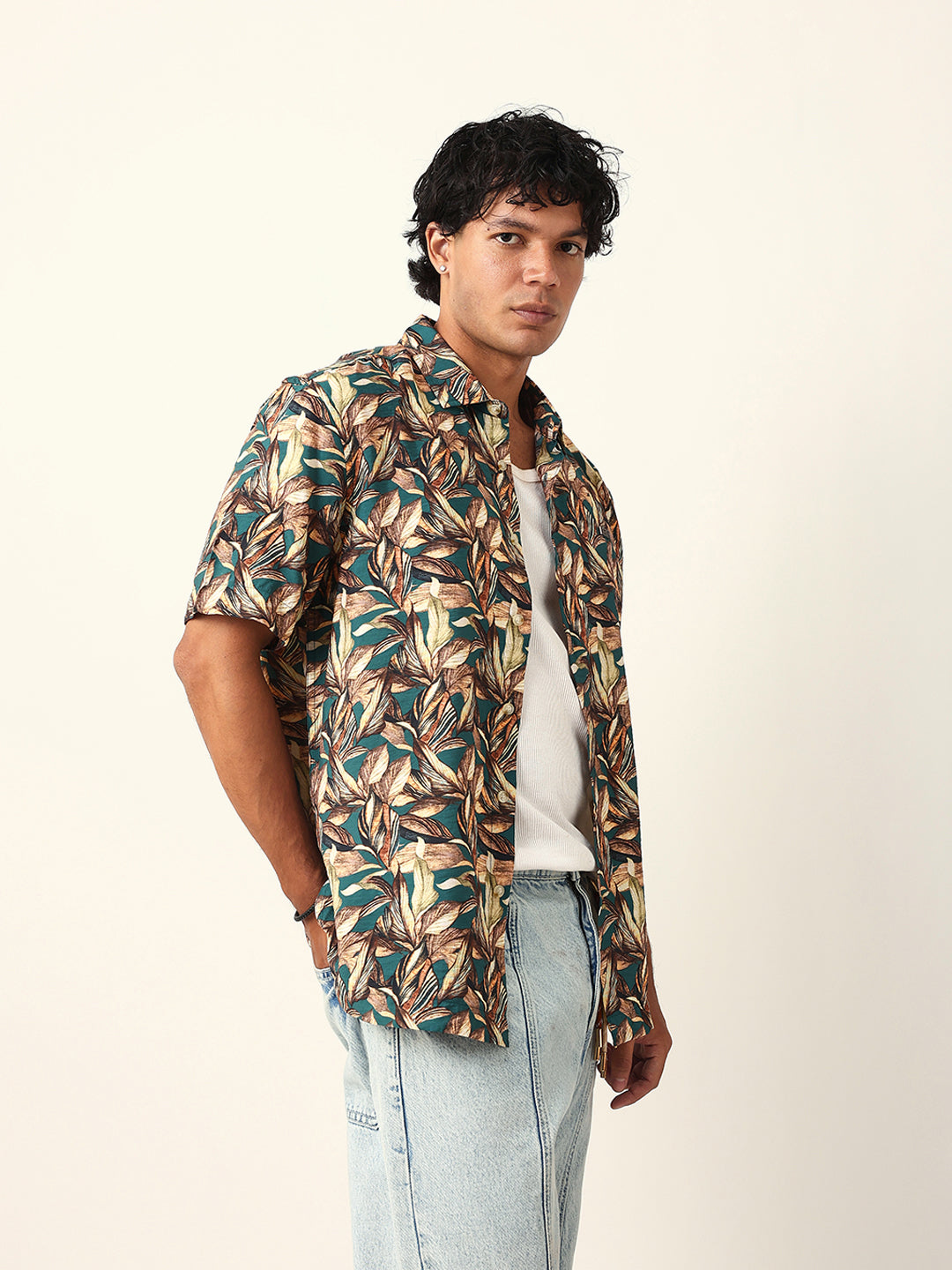 Multicolor Tropical Leaf Printed Relax Fit Resort Shirt
