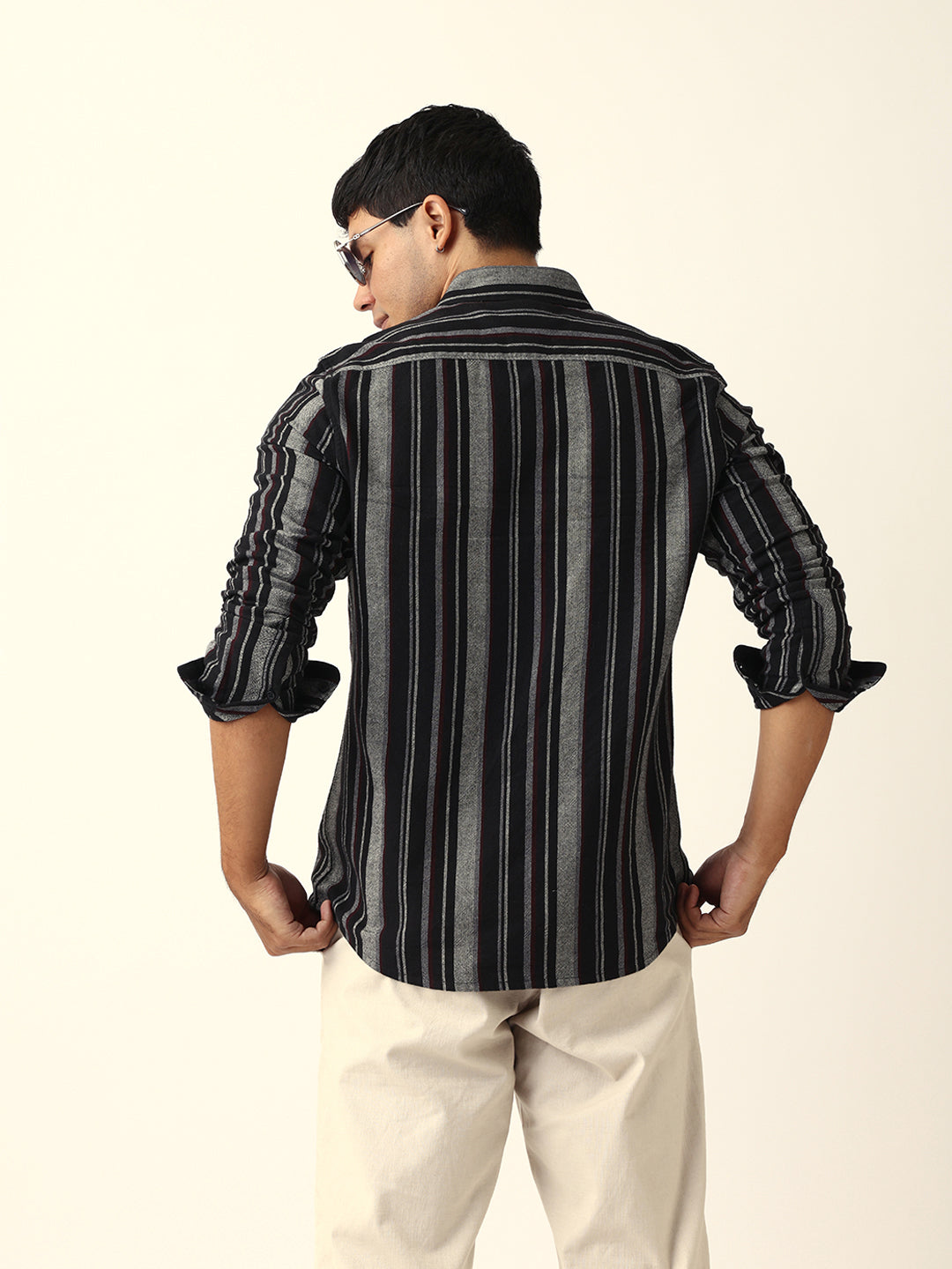 Black Vertical Woven Stripe Slim Fit Casual Shirt