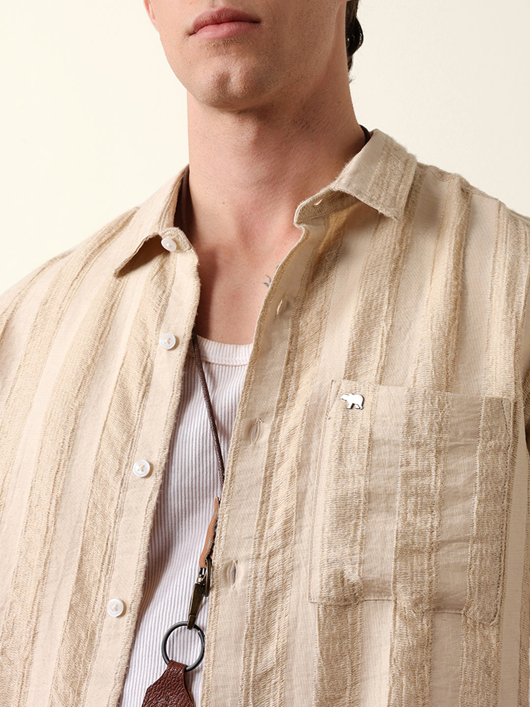 Beige Vertical Stripe Dobby Woven Regular Fit Casual Shirt
