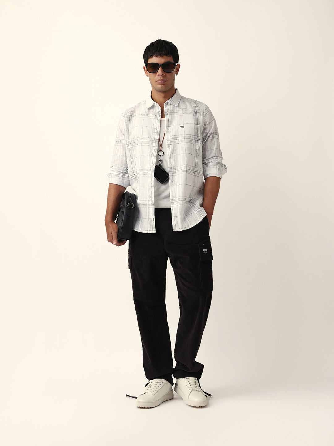 White Woven Checked Slim Fit Casual Shirt