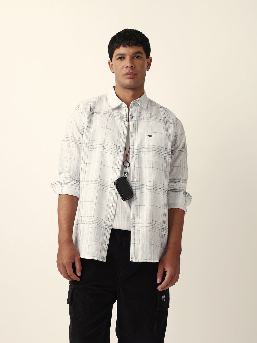 White Woven Checked Slim Fit Casual Shirt