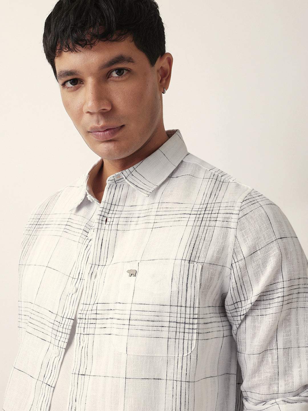 White Woven Checked Slim Fit Casual Shirt