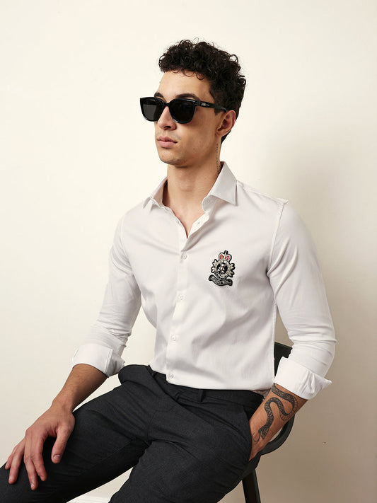 White Tailored Fit Regal Crest Embroidery Formal Party Shirt
