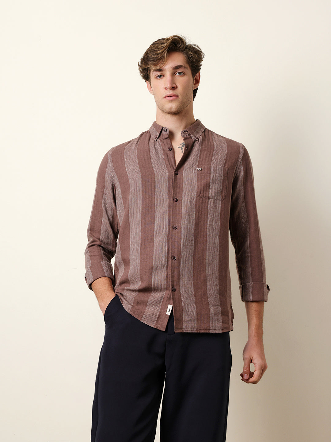 Brown Woven Vertical Stripes Slim Fit Casual Shirt