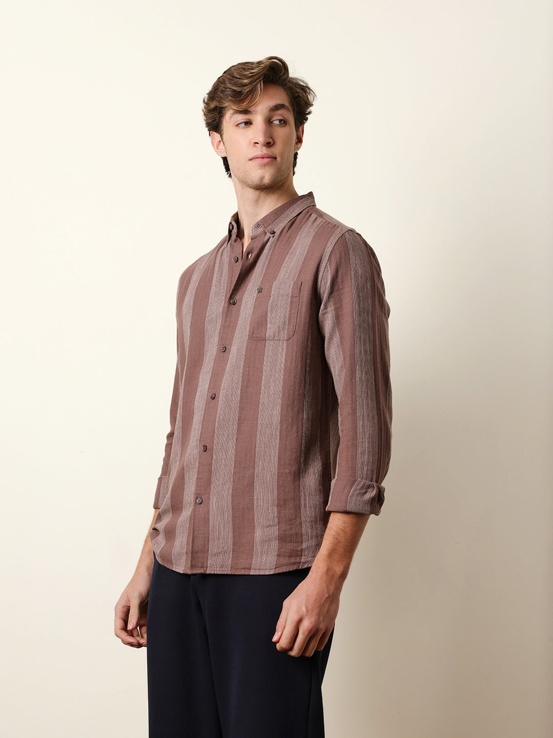 Brown Woven Vertical Stripes Slim Fit Casual Shirt