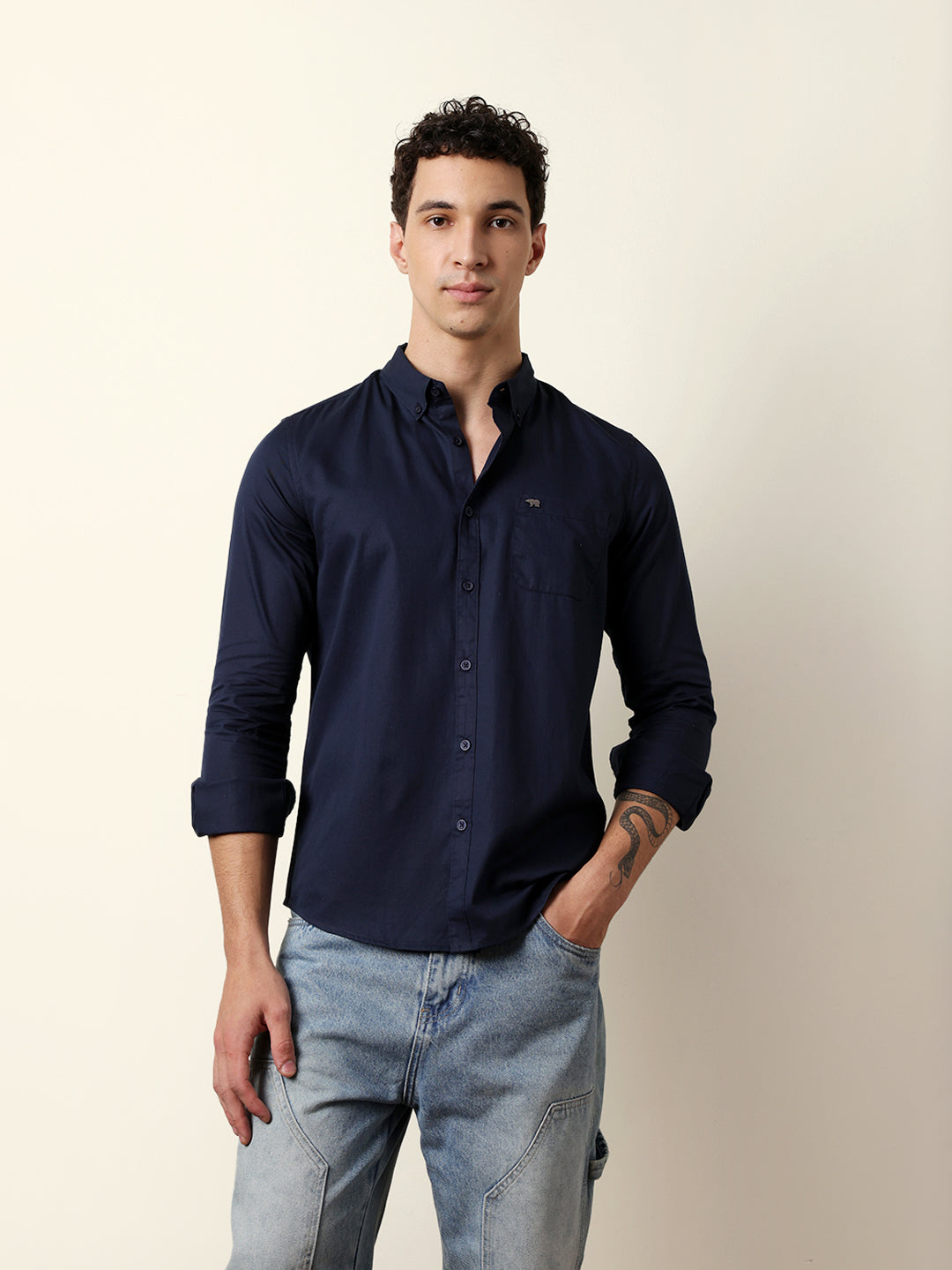 Navy Solid Slim-Fit Casual Shirt with Button-Down Collar