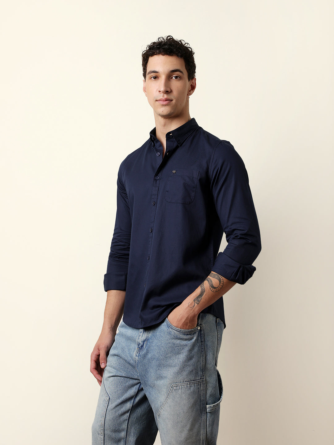 Navy Solid Slim-Fit Casual Shirt with Button-Down Collar