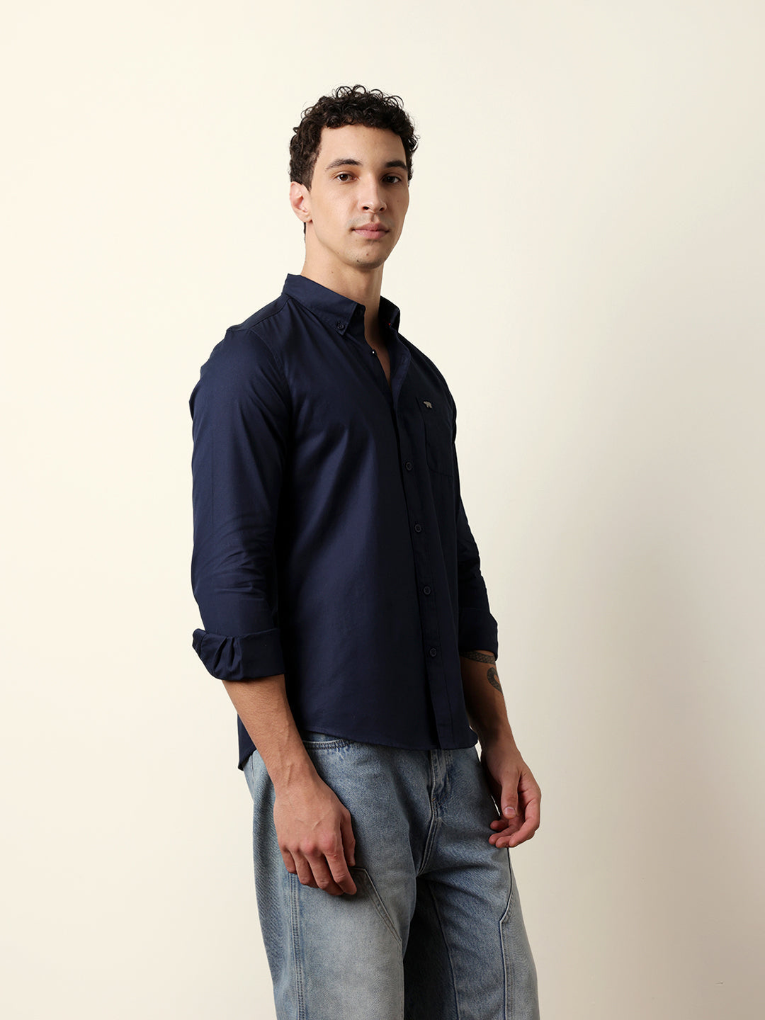 Navy Solid Slim-Fit Casual Shirt with Button-Down Collar
