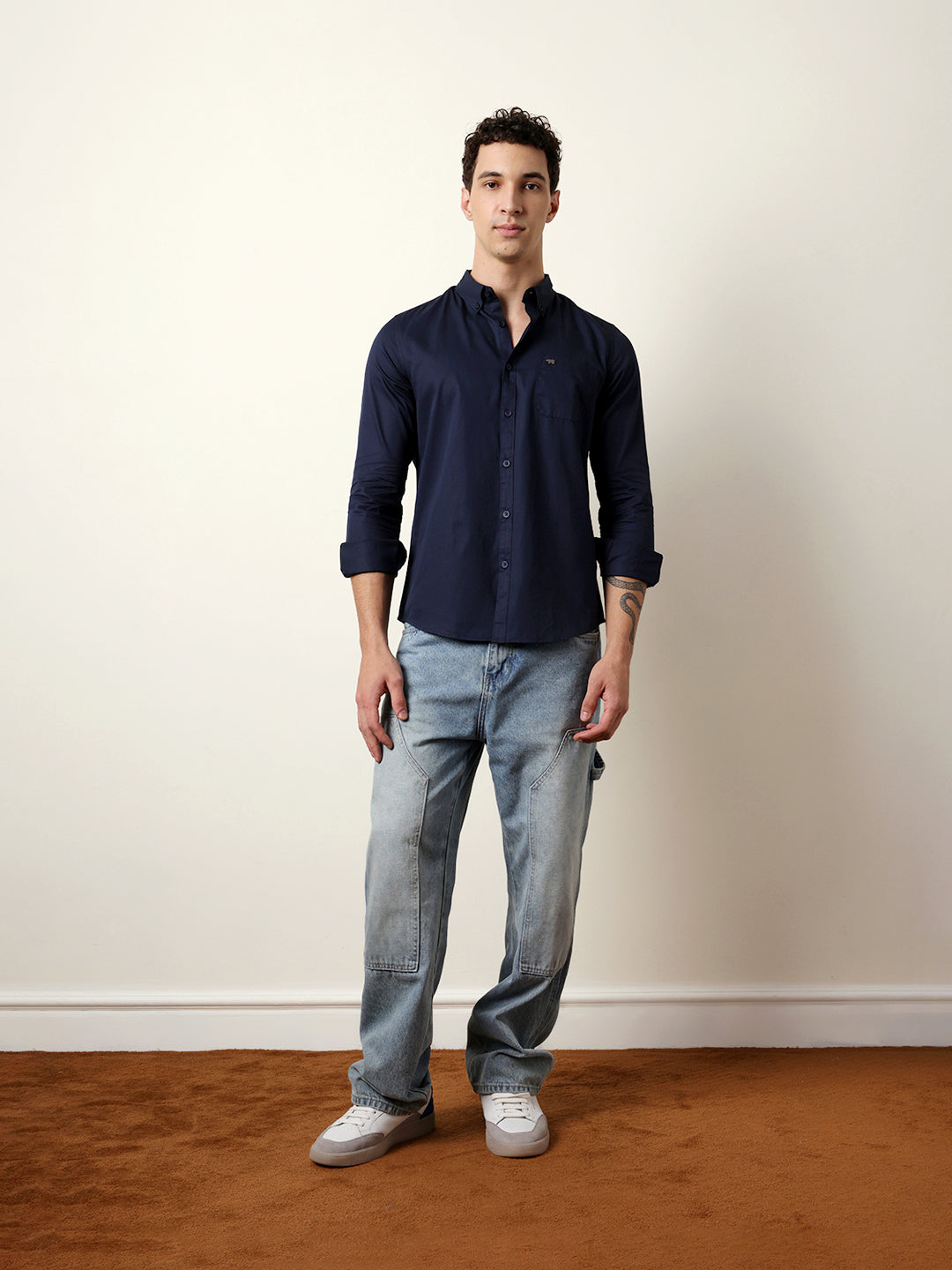 Navy Solid Slim-Fit Casual Shirt with Button-Down Collar