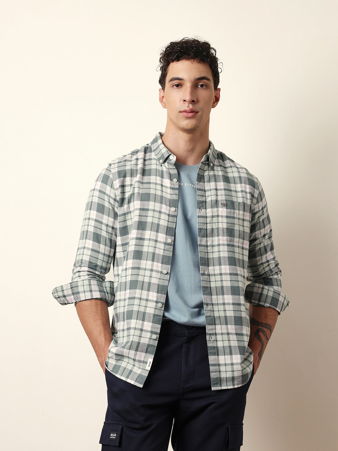 Green Woven Tartan Checked Slim Fit Casual Shirt