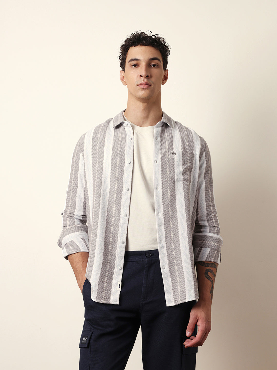 Multicolor Vertical Striped Slim Fit Casual Shirt with Woven-Effect Design