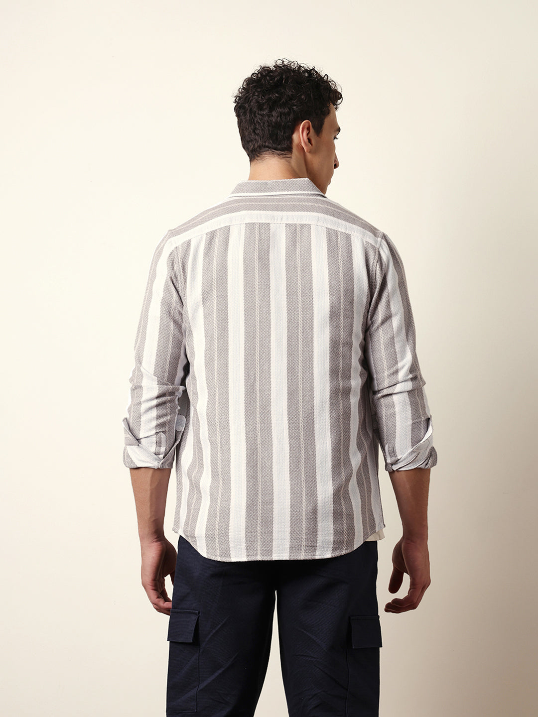 Multicolor Vertical Striped Slim Fit Casual Shirt with Woven-Effect Design