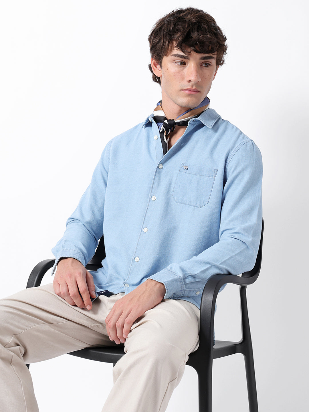 Light Blue Solid Slim Fit Woven Denim Casual Shirt