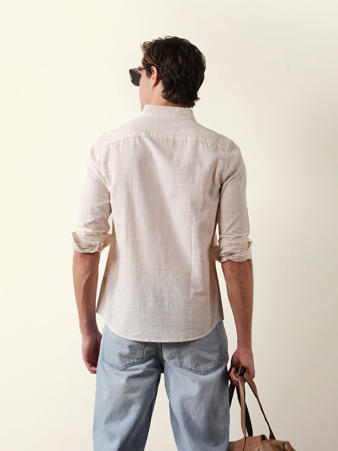 Orange & Off-White Woven Micro-Checked Slim-Fit Casual Shirt