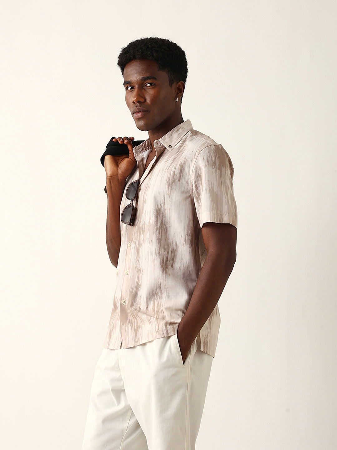 Beige & Cream Relaxed Fit Casual Shirt with Vertical Brushstroke Print