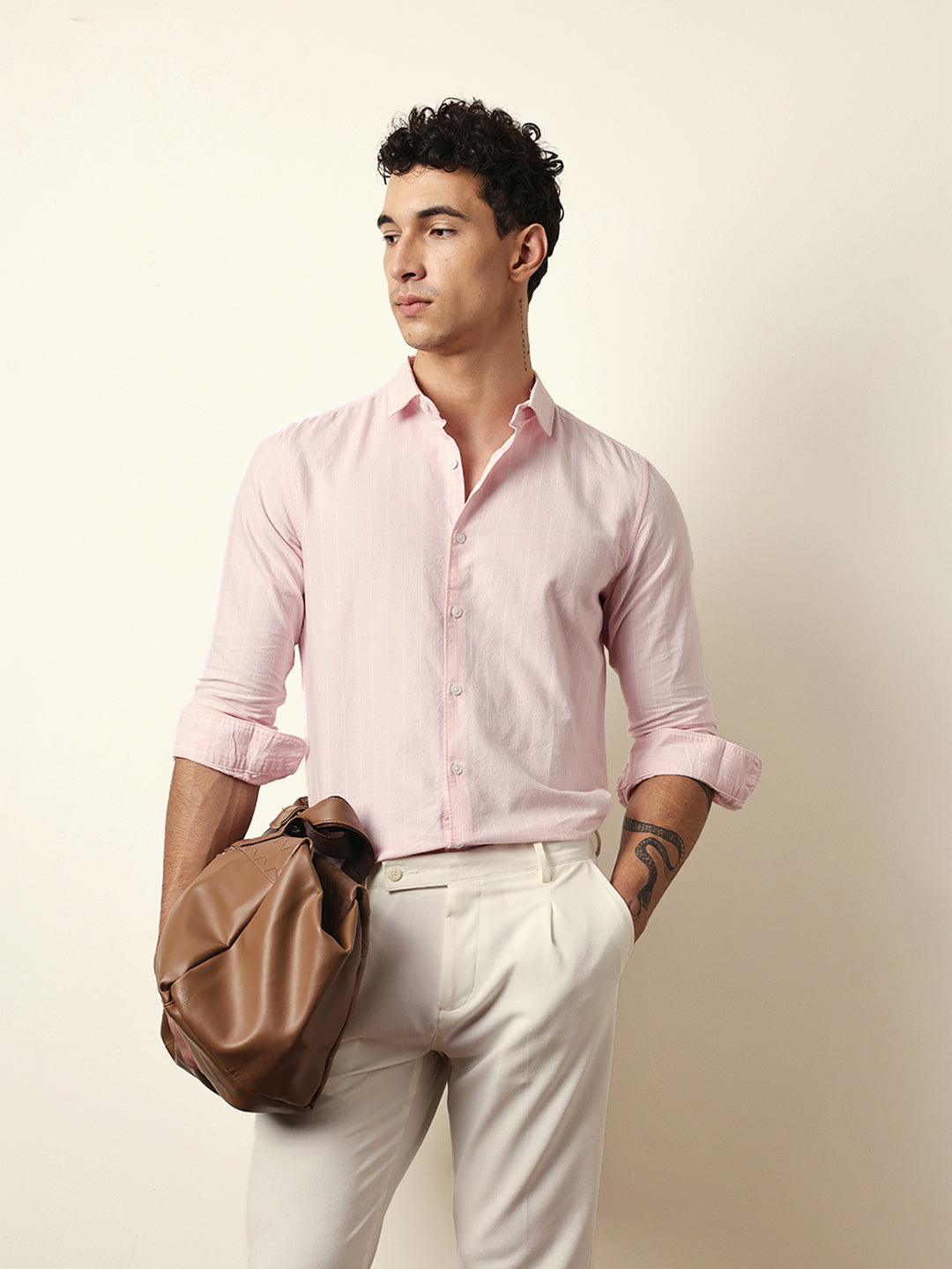 Pink Vertical Woven Stripe Slim Fit Casual Shirt