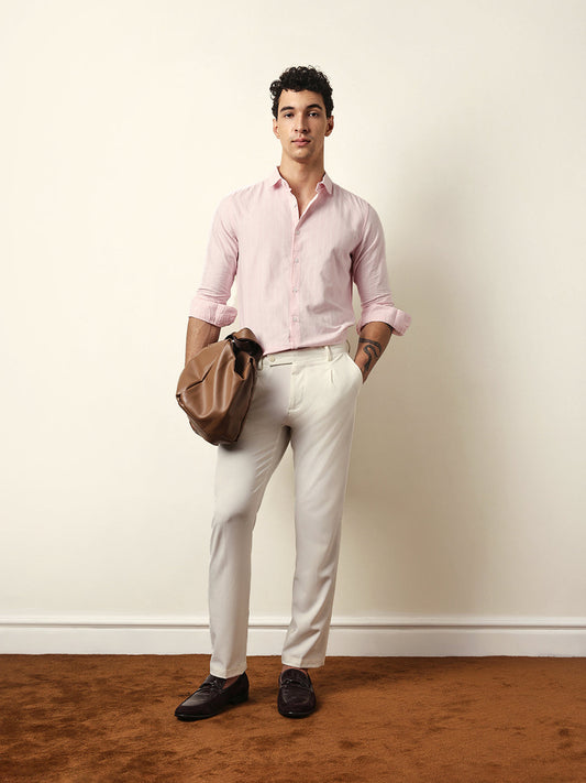 Pink Vertical Woven Stripe Slim Fit Casual Shirt