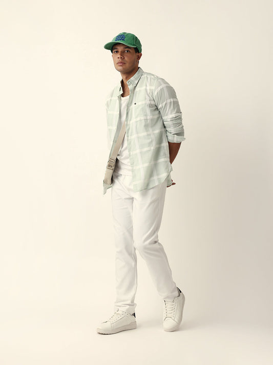 Light Green Woven Windowpane Check Slim Fit Casual Shirt