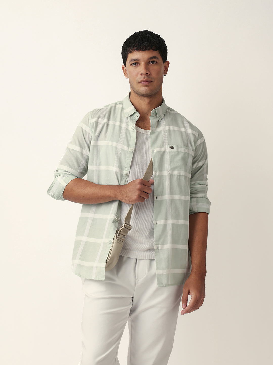 Light Green Woven Windowpane Check Slim Fit Casual Shirt
