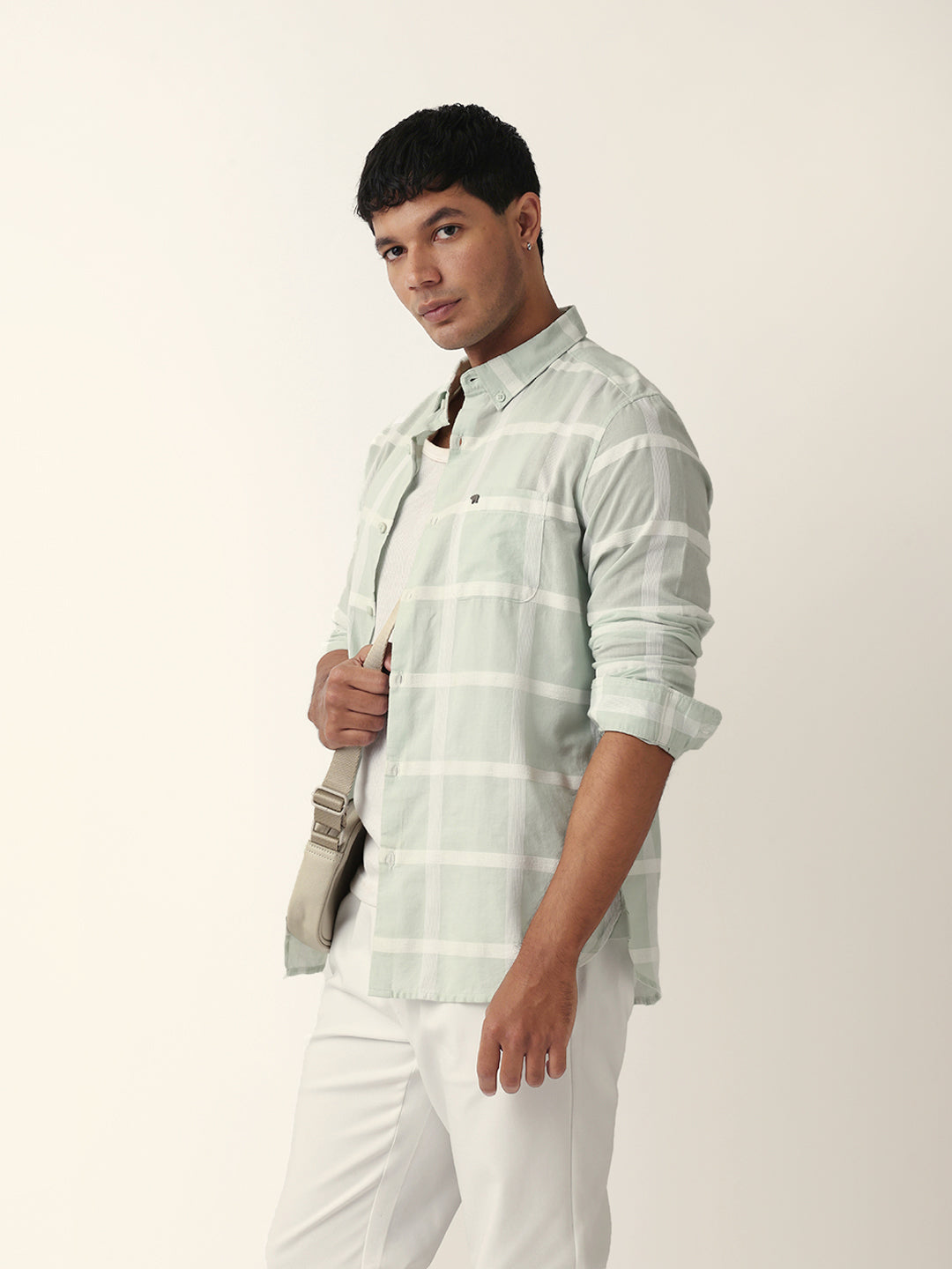 Light Green Woven Windowpane Check Slim Fit Casual Shirt