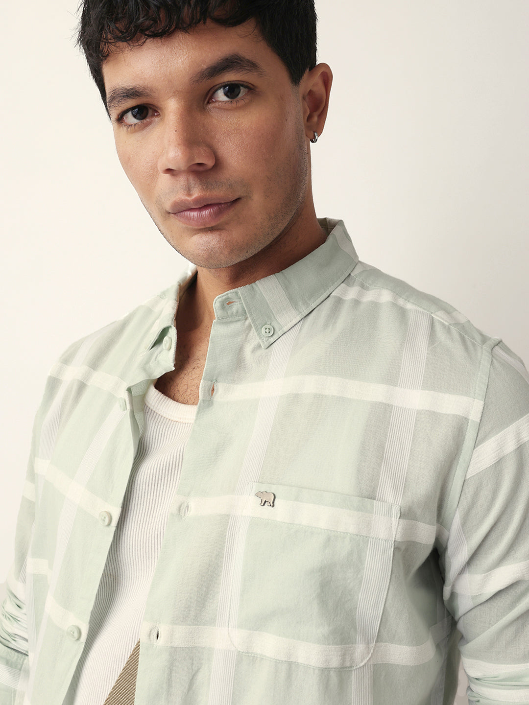 Light Green Woven Windowpane Check Slim Fit Casual Shirt