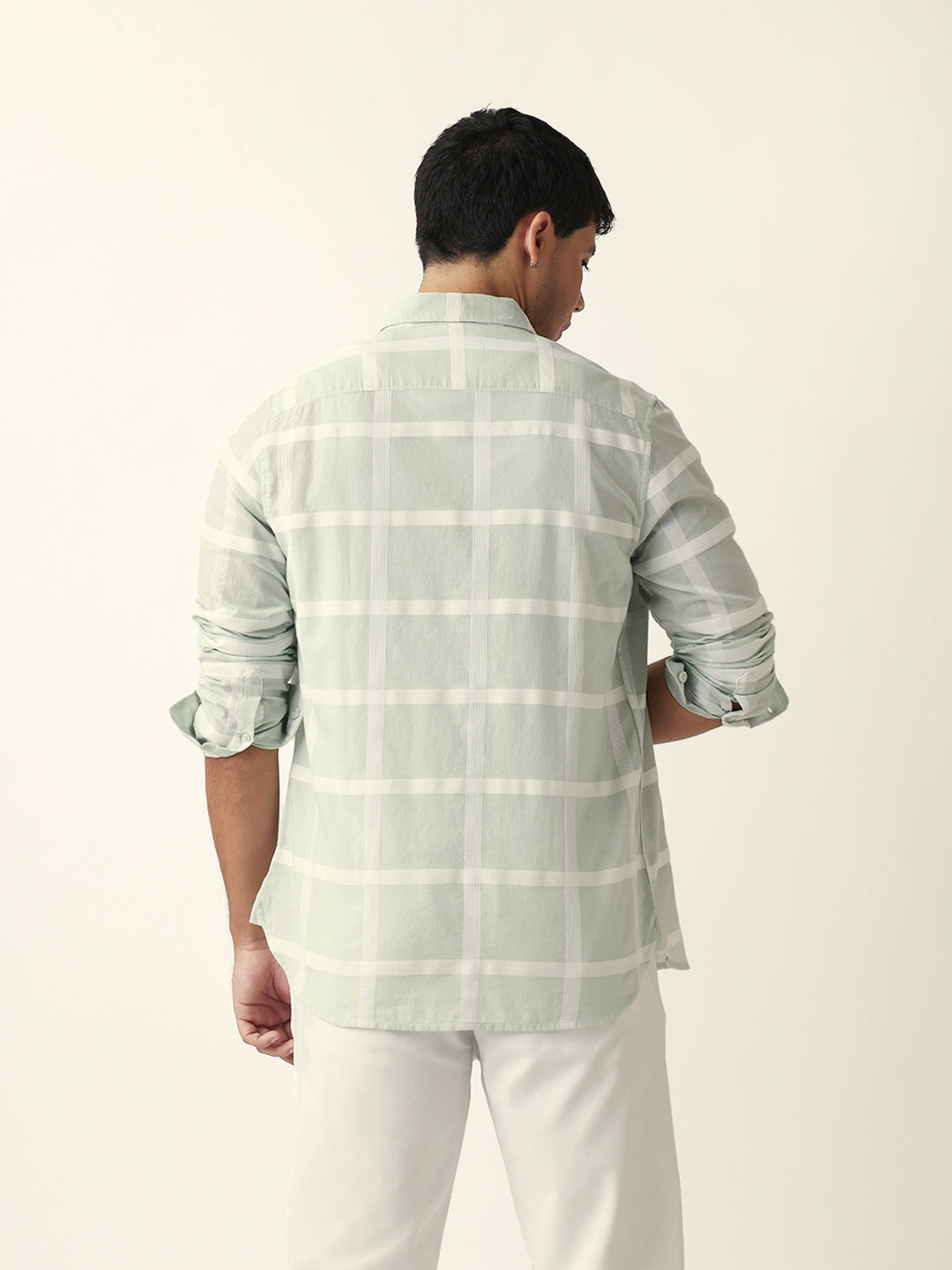 Light Green Woven Windowpane Check Slim Fit Casual Shirt