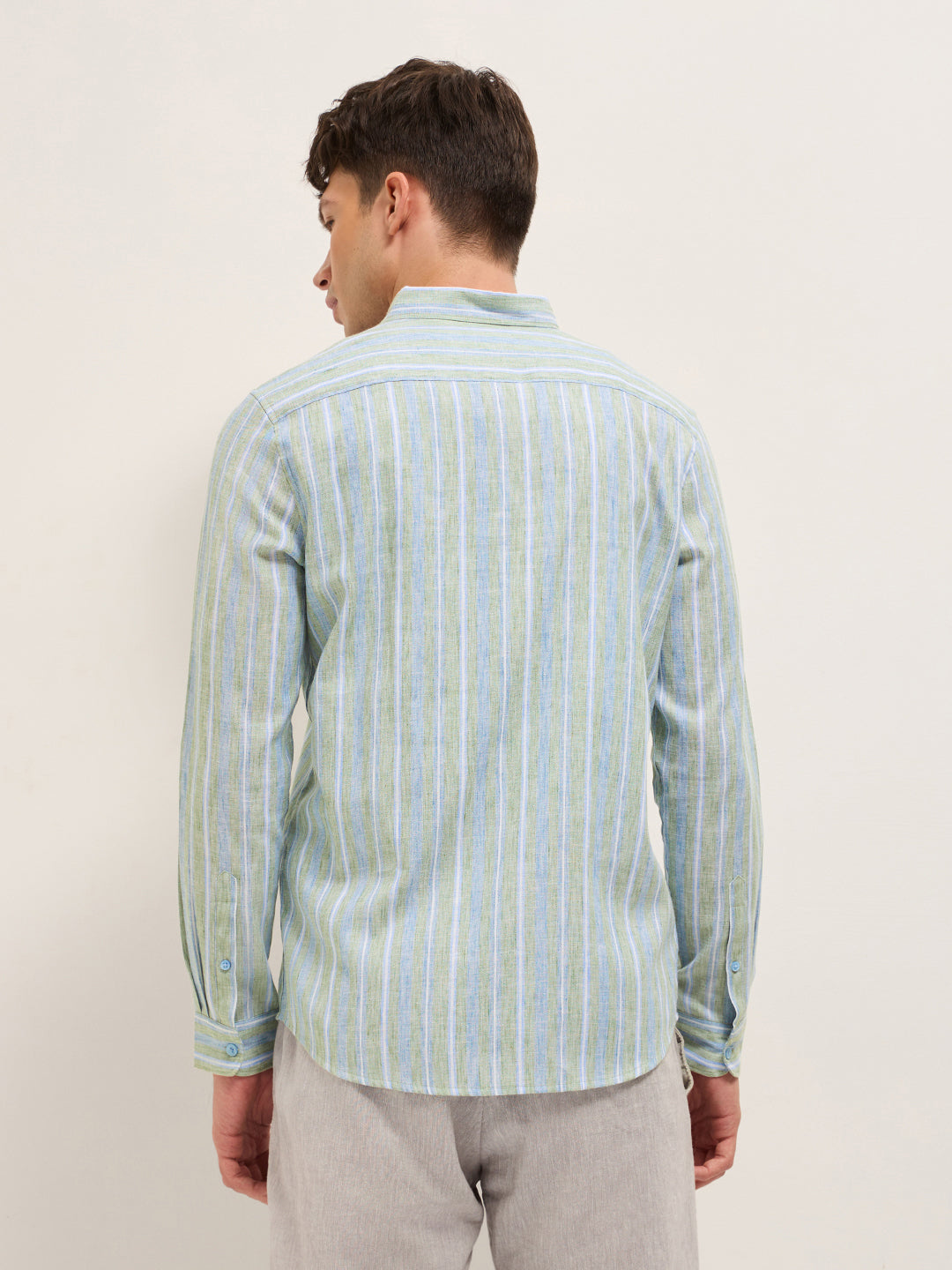 Blue & Green Slim Fit Vertical Striped Cotton Casual Shirt